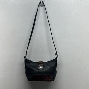 Brighton Shoulder Bag Purse Black Leather Brown Croc Trim Silver Tone Hardware